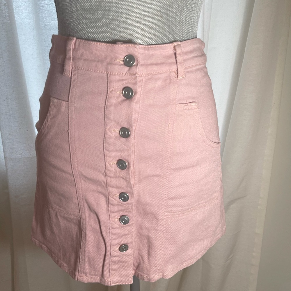 Button front pink denim mini skirt
